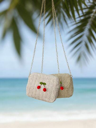 1个女童草编单肩包，拉链封口，度假风手机零钱包，适合购物、聚会、夏季日常使用