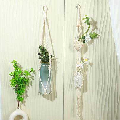 1pc/Set Beige Hanging Planter Basket, Bohemian Style Cotton Woven Geometric Planter, Balcony Plant Stand, Party Decor
