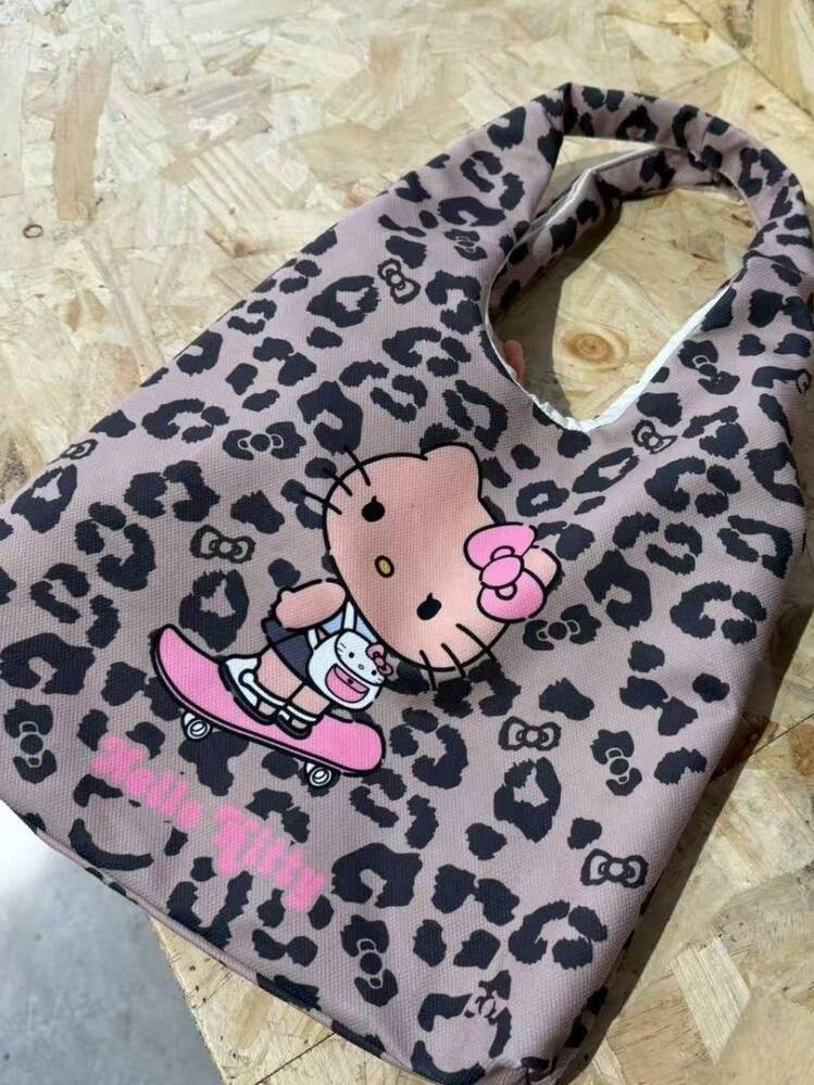 SANRIO 1pc New Leopard Cat Print Canvas Tote Bag, Large Capacity Women's Shoulder Handbag, Multifunctional Purse - Multicolor - View 4
