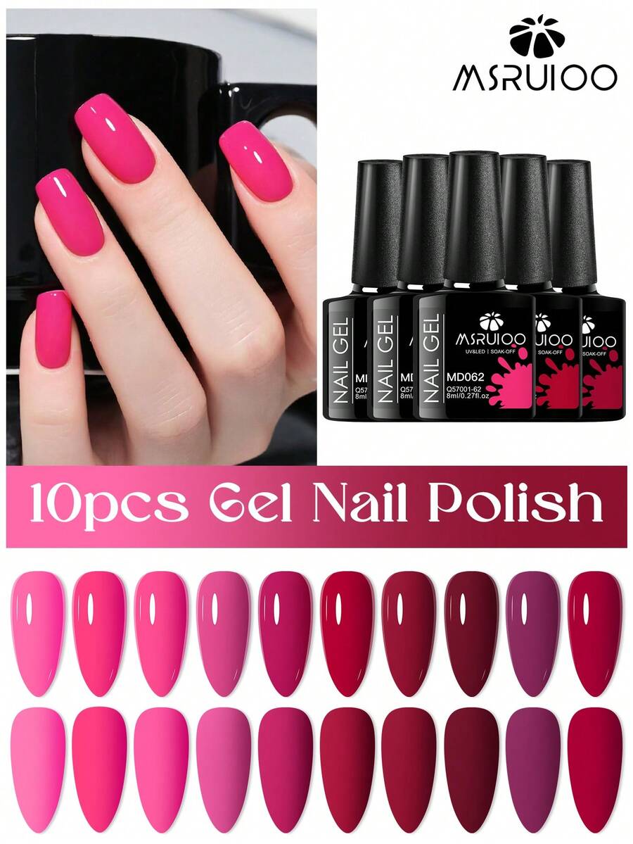 MSRUIOO 10件/組 8ml 玫瑰紅凝膠指甲油套組，持久、無鉛、無HEMA TPO，7ml 半永久浸泡式UV凝膠指甲油，適用於聖誕美甲、DIY指甲設計裝飾、美甲沙龍與居家美甲用品