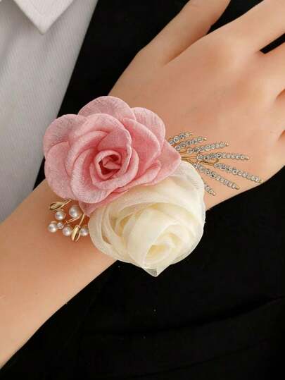 1pc Champagne & Blue Dual Flower Brooch + 1pc Wrist Flower Decor, Elegant For Wedding, Banquet, Party, Bride, Bridesmaid, Daily Wear