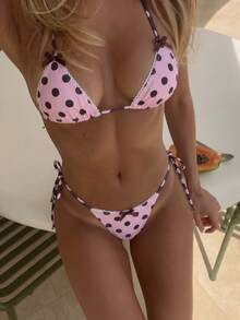 2026新款女士粉色底棕色波点比基尼套装，白色蕾丝边装饰，三角杯设计，复古波点元素，甜美性感清新假日风，适合海滩旅行、海滩度假村和泳池派对 - 彩色 - 查看 1