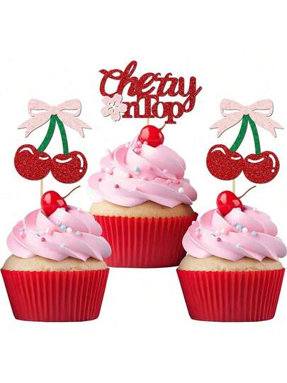 12/24个“她是锦上添花”纸杯蛋糕装饰插牌，闪亮樱桃造型，适合水果主题婴儿派对和新娘派对装饰