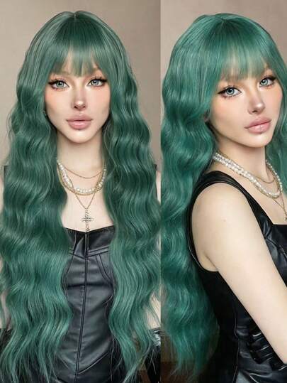 26 Inch Green/Red Glamorous Wavy Long Curly Wigs - Synthetic Fiber For Women, Suitable For Cosplay, Daily And Party Wear.