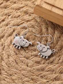 Vintage Boho Style Pig Shaped Pendant Earrings - Copper Earring Hooks, No Inlays, Lightweight For Daily Wear And Gift, Suitable For All Seasons And Festivals - Antique Silver - View 4