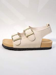 Girls' Beige Suede Double Buckle Sandals, Open Toe Cork Footbed Summer Shoes For Kids - Apricot - View 6