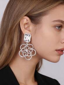 2pcs Rhinestone Hollow Flower Earrings, European And American Fashion Fully Paved Luxury Versatile Earrings For Women, Mother's Day Gift - Silver - View 1