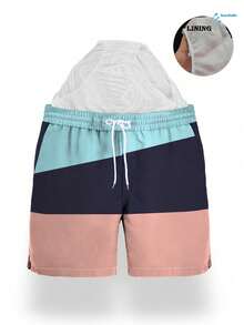 男士夏季印花图案抽绳腰斜插口袋夏威夷风速干双层网眼衬里短裤，撞色3D印花时尚休闲沙滩度假百慕大泳裤 - 彩色 - 查看 4