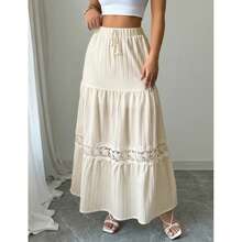 Chân váy maxi dáng chữ A thoải mái dành cho nữ, viền ren Pháp, eo dây rút, thích hợp cho kỳ nghỉ hè, mùa xuân. - Màu be - Xem 6