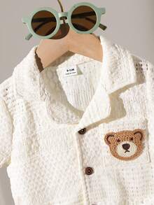幼儿男童可爱棕熊短袖开衫透气针织套装，白色镂空 - 杏色 - 查看 3