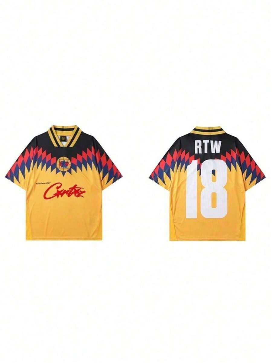 Men's American Street Hip-Hop Personality Color Block Number 18 Printed Short-Sleeved T-Shirt Men's And Women's Summer Sports Uniform Jersey - 8890/黃 - 查看 1