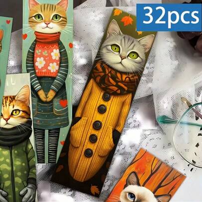 32 个趣味猫咪书签，可爱无表情的盛装猫咪书签套装，抽象独特的 DIY 书签 - 非常适合作为圣诞节、万圣节礼物、返校季礼物，爱书人士必备，送给学生和老师的可爱礼物，理想的阅读奖励，学习用品，阅读赠品，艺术设计，主题书签，收藏版书签，专为学生和老师打造。