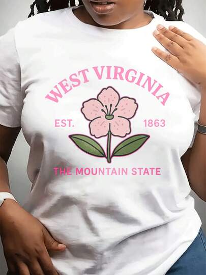 Women's Short Sleeve Crew Neck T-Shirt, Casual And Modern Style, Ideal For Sports And Daily Wear, West Virginia Flower Print, Perfect As A Gift For Friends And Family On Mother's Day - Vintage Street Style Unisex Loose Cotton Short Sleeve Crew Neck T-Shirt