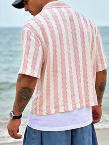Men's Spring/Summer Fashion Textured Striped Elastic Knit Shirt, Casual Office Wear, Comfortable Vacation Top - Pink - View 3
