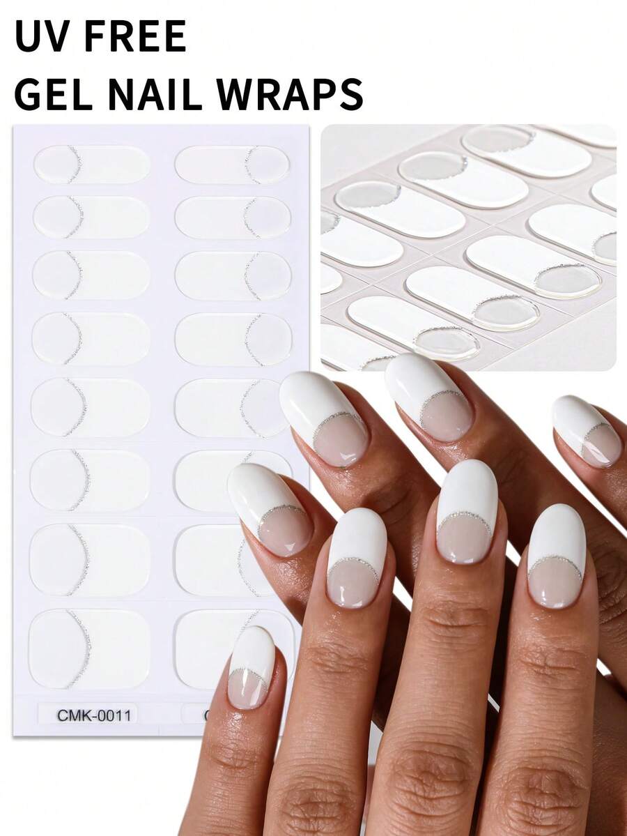 Bộ 16 miếng dán móng tay gel trong suốt màu trắng, không tia UV, kiểu Pháp, phong cách tối giản cổ điển, tự dính, dễ sử dụng, phù hợp cho phụ nữ và bé gái tự làm móng tại nhà. - trắng - Xem 1