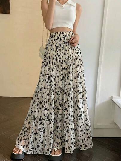  EARO Women's Long Printed Layered Skirt, Non-Stretch Fabric, Elastic Waistband, Flowing Long Skirt Vacation