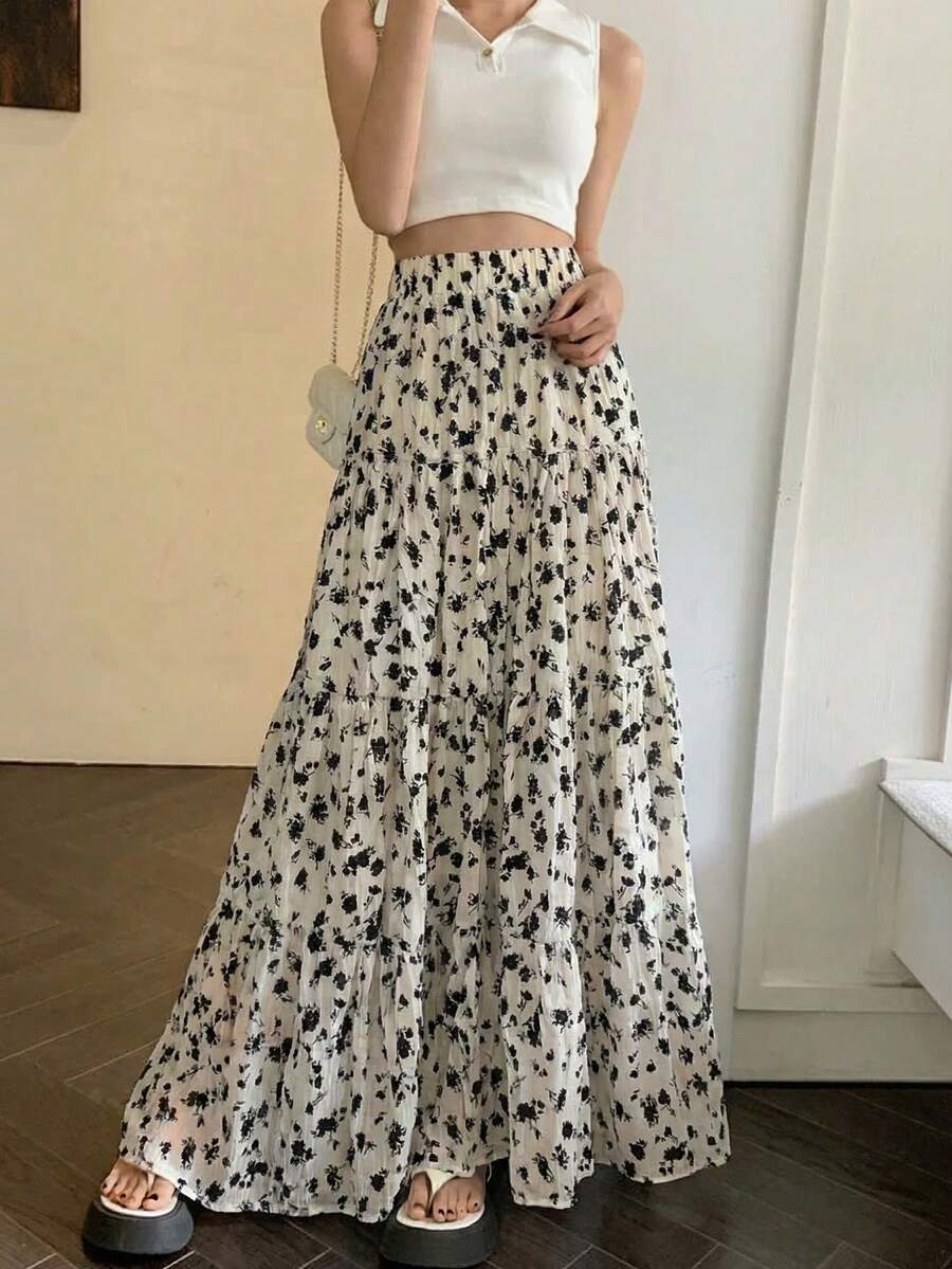 EARO Women's Long Printed Layered Skirt, Non-Stretch Fabric, Elastic Waistband, Flowing Long Skirt Vacation - Apricot - View 1