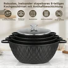 8 pièces Ensemble de casseroles à induction 20/24/28/32 cm avec couvercle. Construction en aluminium de haute qualité - léger, distribution de chaleur rapide et couvercle en verre stable - permet une vue dégagée du processus de cuisson, résistant aux hautes températures. Poignées ergonomiques - particulièrement résistantes aux hautes températures et antidérapantes, assurant une manipulation aisée. - Voir 4