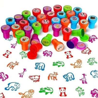 3/12/24/36 piezas Juego de sellos de plástico de colores mixtos, sellos lavables autoentelintados, adecuados para recuerdos de fiesta, recompensas en el aula, regalos para maestros - Patrones de animales adecuados para Pascua, Halloween, Navidad