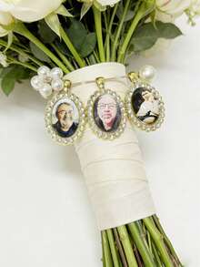 Wedding Bouquet Souvenir Photo, Wedding Bouquet Memorial Pendant, Bouquet Pendant, Bride Souvenir, Customized Photo Memorial Pin - Multi-color - Diamond-encrusted Oval - Gold - View 8