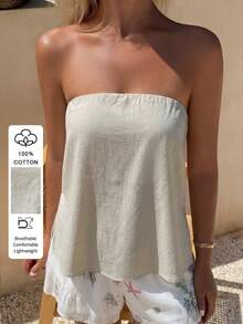 PoPoHouse 女士纯棉夏季优雅抹胸性感露背上衣，适合时尚休闲海滩度假派对日常外出穿着 - 卡其色 - 查看 3