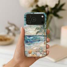 彩色玻璃海浪手机壳，贝壳图案，沙滩棕榈树热带艺术风格，适用于 17 Pro Max、16e、15 Pro、14 Plus、13、12、11 Pro Max，精美礼品。 - 彩色 - 查看 3