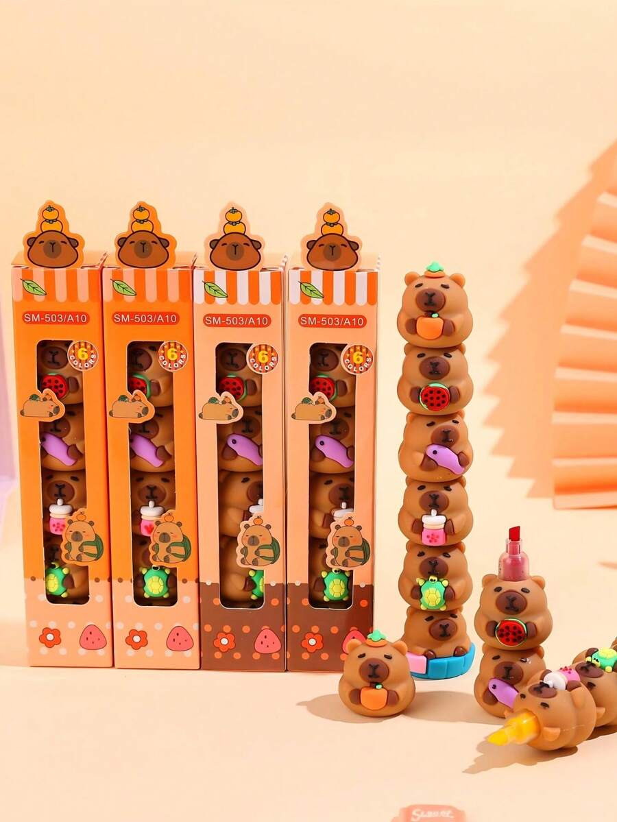 1pc 5-Color Cartoon Capybara Highlighter Pen, Student Graffiti Drawing Marker, Marking Pen, Halloween & Christmas Gift, Random Style