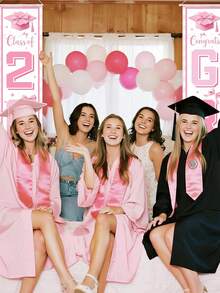 2026 Abschluss Türbanner, Glückwünsche Absolventen Türschild, rosa Schleife Abschluss Dekoration, 30*180cm Polyester Metall rosa Innen-/Außenwand Hängedekoration, 2026 Highschool/Uni Abschlussfeier Zubehör - Übersicht 4