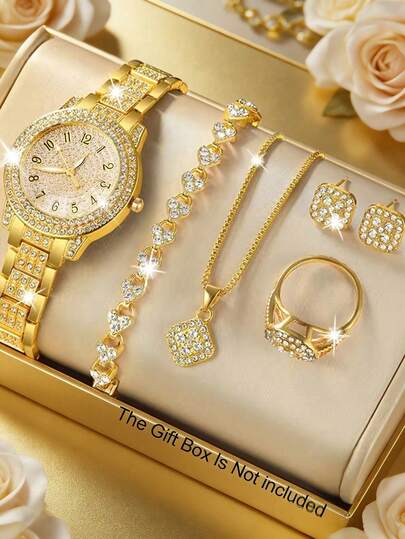 6pcs Luxury & Elegant Women's Quartz Watch Set, Gold Plated Jewelry Set With Full Rhinestones (Including Watch, Bracelet, Necklace, Earrings And Ring), Popular Gift And Gold Accessory Choice