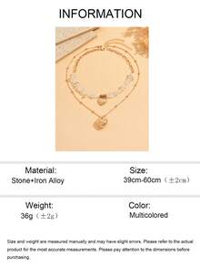 2pcs/Set Minimalist Versatile High-Quality Stone Beaded Chain Double-Layer Heart Pendant Necklace, Retro Fashionable Choker Necklace Suitable For Daily Wear, Parties, Dates, Also Suitable As Mother's Day Gift. The Size, Shape And Quantity Of Stones Are Random. - Multicolor - View 5
