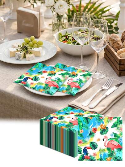 20pcs Hawaiian Flamingo Theme Disposable Paper Napkins, Decorative Green Leaf Flamingo Pattern, Tropical Print Disposable Napkins - Ideal For Weddings, Birthday Parties, Tea Parties, Festivals. Unique Style Suitable For Outdoor Gatherings. Soft Paper Napkins Party Supplies, Facial Tissues For Cleaning And Wiping. Mother's Day, Graduation