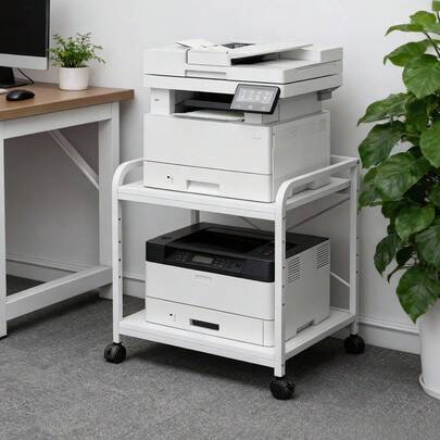 Beaully Home Under Desk Printer Stand, 20" Deep Large Printer Table With Height Adjustable Storage Shelf, 2 Tier Rolling Printer Cart With Wheels For Home Office