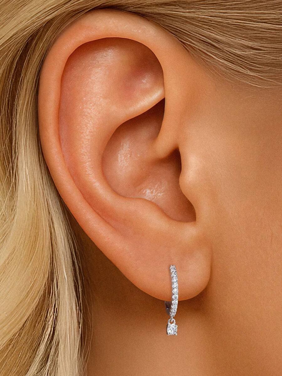 1pc 925 Sterling Silver Moissanite Inlaid 18K Gold Plated Oval Clip-On Earrings, Suitable For Women's Daily Wear, Wedding, Party, Engagement Gift - Silver - View 1