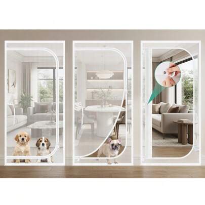 加厚磁性纱门帘，高强度网布，左侧大U型系带，宠物友好型，免提自动关闭，白色
