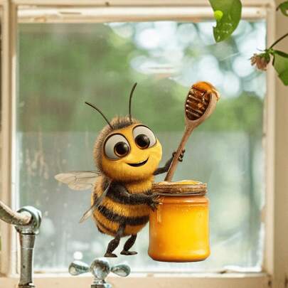 Pegatina de ventana con diseño de tarro de miel de abeja, divertida para primavera/verano. Pegatina de PVC reutilizable y visible por ambos lados, adecuada para salas de estar, dormitorios, cocinas, baños y decoración del hogar.