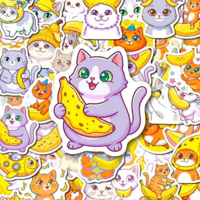 50PCS Cute Banana Cat Stickers, Waterproof Vinyl Aesthetic Cat Decals For Water Bottles Laptop Skateboard Phone Case Guitar Luggage Bike Car Cup Notebook, Stylish Cat Pattern Stickers For Teens Adults To Personalize DIY Crafts, Decorative Stickers For Journaling Planners Phone Cases Laptops Water Bottles