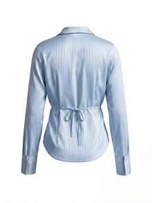 缎面领条纹修身长袖女式衬衫，甜美性感风，春季款 - 藍色 - 查看 8