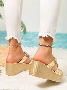 Women's Fashion Gold Handmade Beaded Floral Rhinestone Anklet Thick Bottom Sandals - Open Toe Casual Thick Heel Sandals For Summer - 311 Gold - View 3