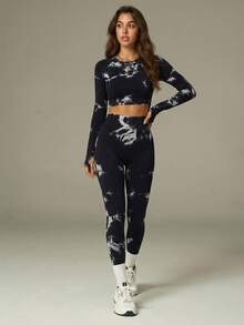 UONNOU 1 chiếc quần thể thao nữ cạp cao, không đường may, nhuộm tie-dye, thích hợp cho yoga, chạy bộ, tập luyện, mùa xuân/hè. - Đen và trắng - Xem 8