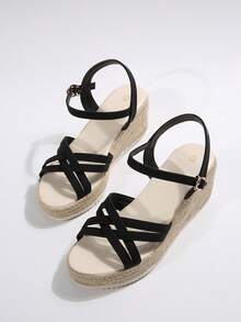 Plus Size Women's Summer Sandals, Hemp Rope Sole, Fashion Wedge Thick Bottom, Black & Yellow,Travel Essential - Black - View 4