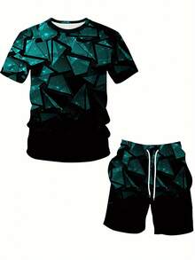 Set di camicia e pantaloncini sportivi casual estivi per uomo taglia grande - motivo geometrico verde-nero, in tessuto misto poliestere traspirante, lavabile in lavatrice, adatto per uomini alti e in sovrappeso, taglia large. - Colori misti - Visualizzare 4