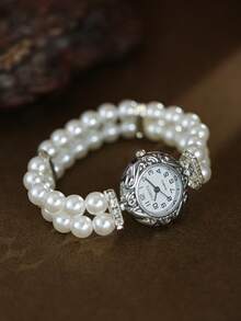 Reloj de cuarzo para mujer con cuentas redondas y diseño de moda, adecuado para combinar a diario como regalo de cumpleaños/graduación, con escala de números arábigos - Blanco - Ver 4