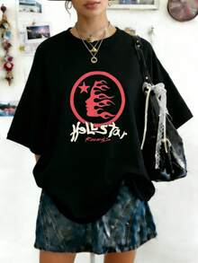 Plus Size Women's Clothing Hellstars Records Flame Head Star Logo Red Y2K Graphic T-Shirt,220g 100% Cotton,Round Neck Short Sleeve,Black Streetwear Essential For Summer Going Out,Unisex Style - Black - View 1
