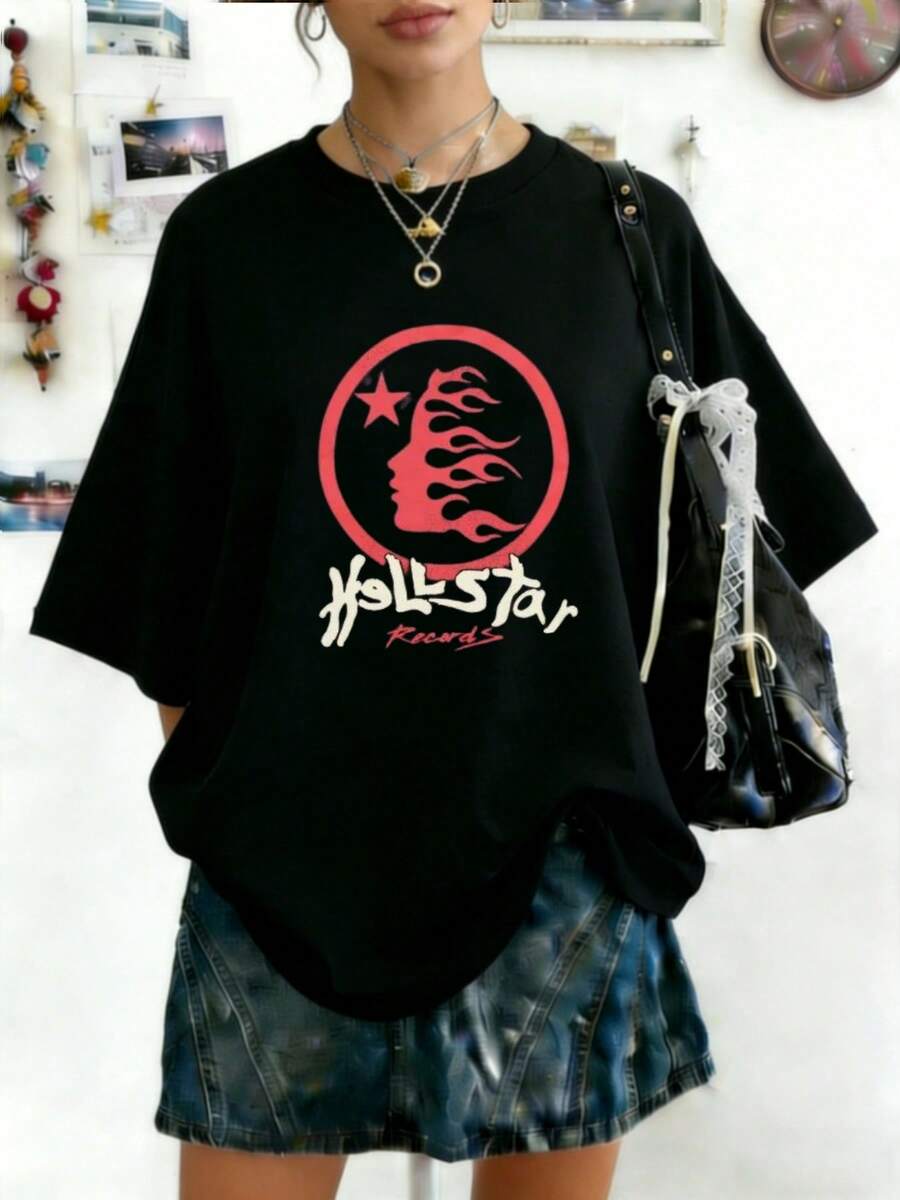 Plus Size Women's Clothing Hellstars Records Flame Head Star Logo Red Y2K Graphic T-Shirt,220g 100% Cotton,Round Neck Short Sleeve,Black Streetwear Essential For Summer Going Out,Unisex Style - Black - View 1