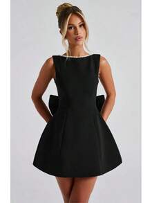 New Summer Women's Pearl Bow Back Fashionable Slim Fit Short Dress Hot Girl A-Line Dress - màu đen - Xem 6