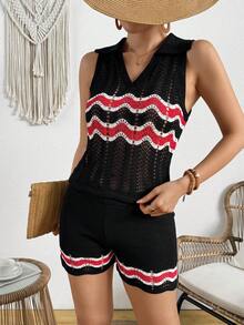 Bộ đồ mùa hè gồm áo polo cổ lọ không tay, chất liệu hơi xuyên thấu và quần short dệt kim kẻ sọc, kiểu dáng thời trang, gợi cảm, ôm sát, đa năng. - màu đen - Xem 4