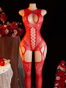 Đồ lót gợi cảm dành cho nữ, áo liền quần không tay cổ tròn bằng lưới quyến rũ, áo liền quần hở lưng xuyên thấu. - Đỏ - Xem 2