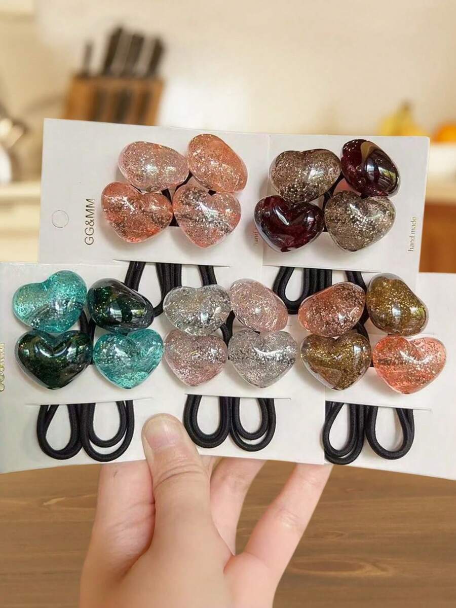 5pcs Multicolor Shiny Heart-Shaped Resin Hair Scrunchies, Versatile For Spring & Summer - Multicolor - View 1