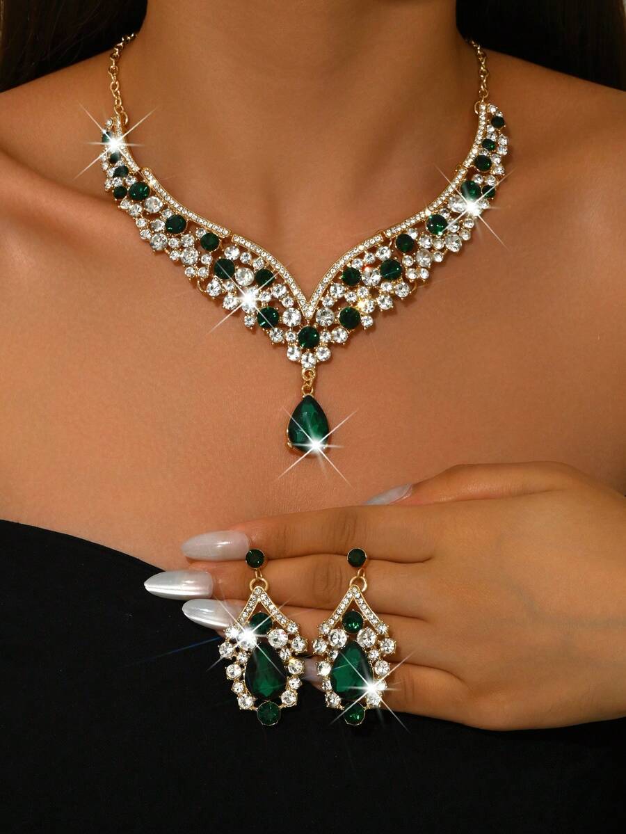2pcs Luxury Fully Rhinestone Jewelry Set, Including Necklace And Earrings, Available In Navy Blue And Red - 1622 Gold Green Set - View 1