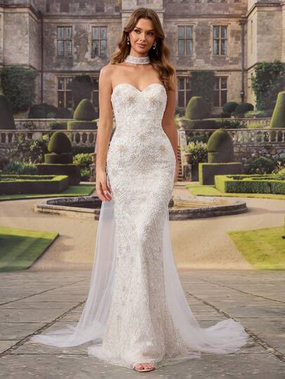 HEARBOBO Glamorous & Luxurious Heart Neckline Floral Lace Embroidery Wedding Dresses Bridal Gown With Train, Suitable For Graduation, Dinner, Prom